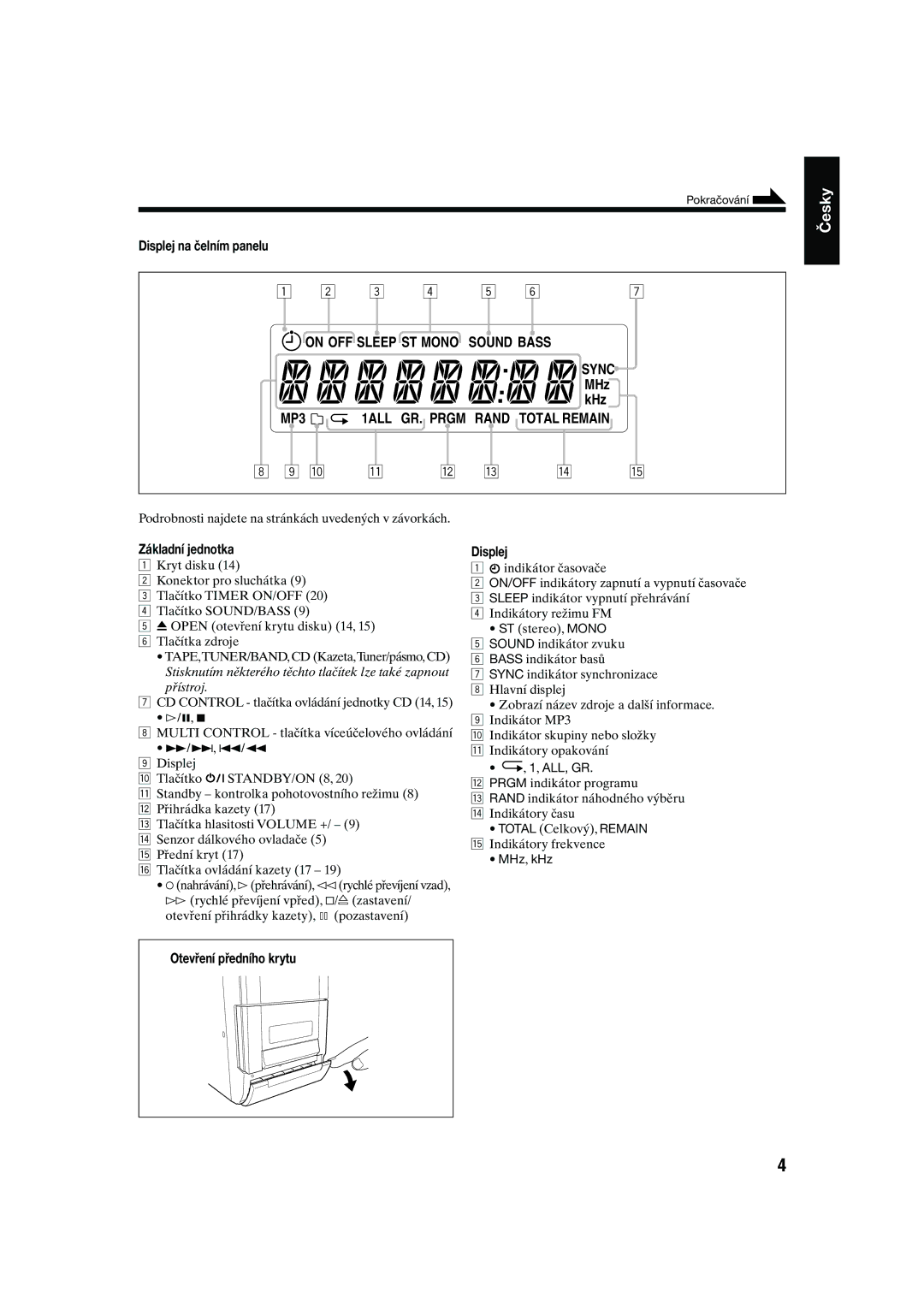 JVC UX-S10 manual Displej na čelním panelu, Základní jednotka, Otevření předního krytu 