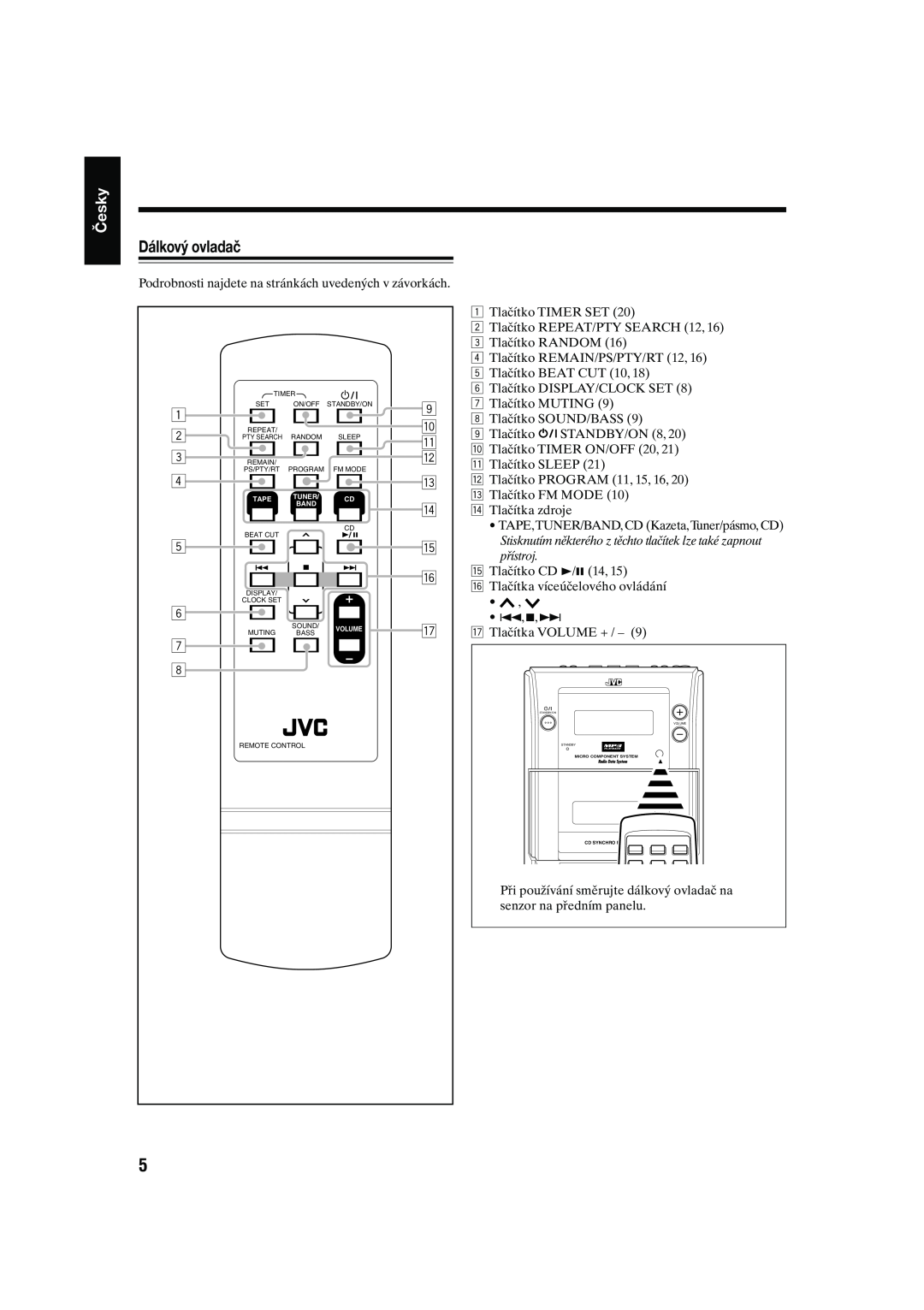JVC UX-S10 manual Dálkový ovladač, Česky 