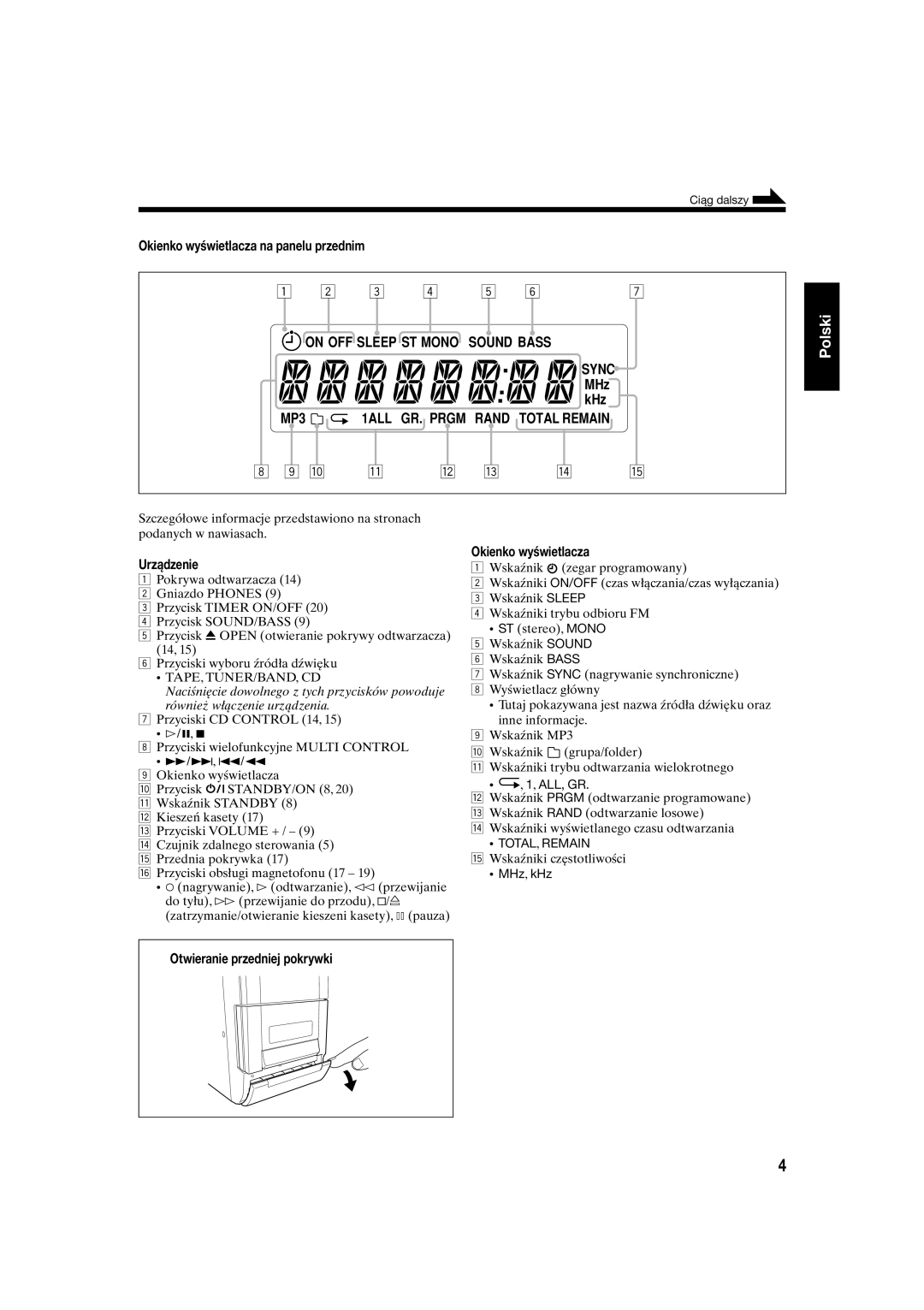 JVC UX-S10 manual Polski, Okienko wyświetlacza na panelu przednim, Urządzenie, Otwieranie przedniej pokrywki, •, 1, ALL, GR 