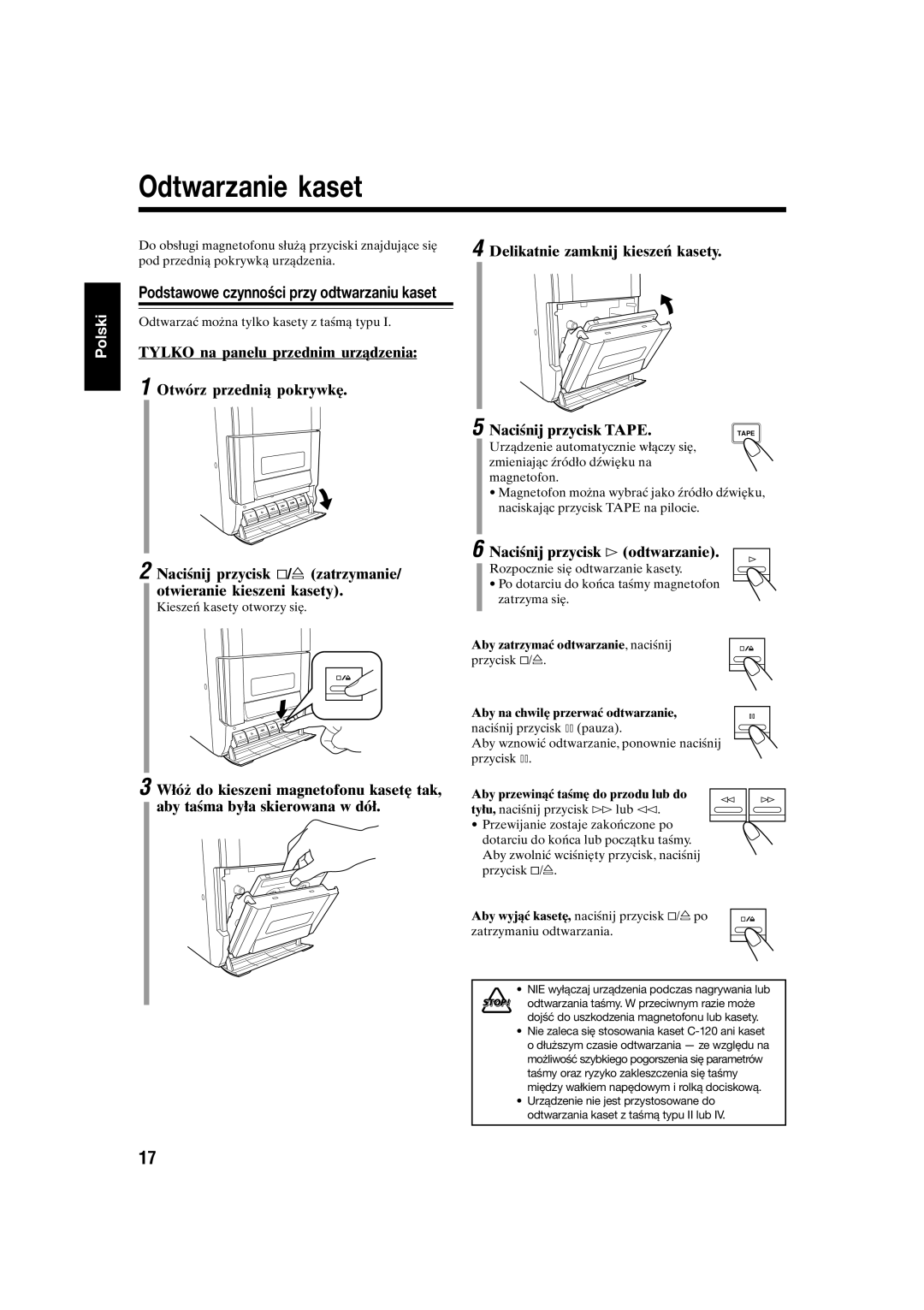 JVC UX-S10 manual Odtwarzanie kaset, Polski, TYLKO na panelu przednim urządzenia, 1 Otwórz przednią pokrywkę 