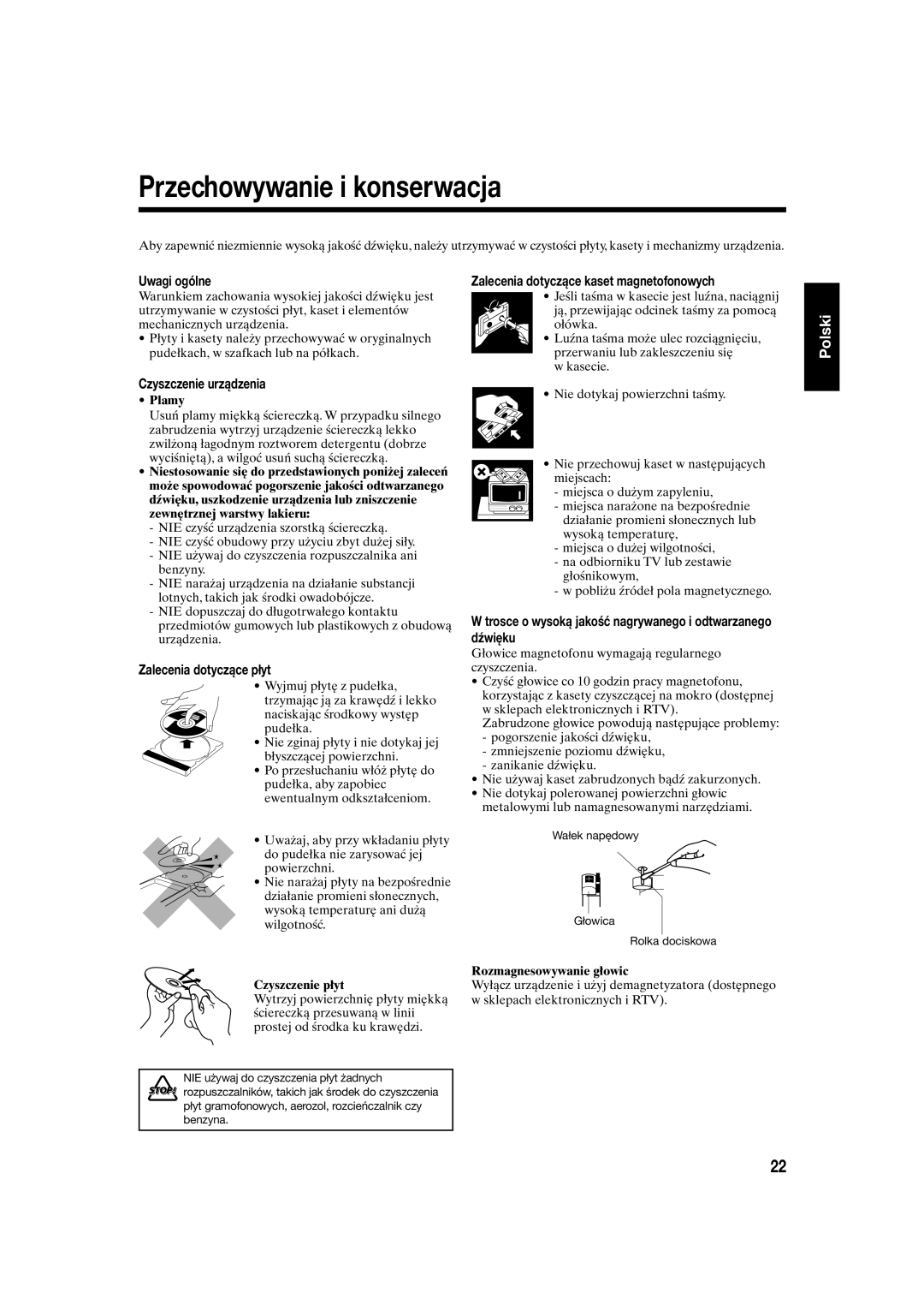 JVC UX-S10 manual Przechowywanie i konserwacja, Polski, Uwagi ogólne, Zalecenia dotyczące kaset magnetofonowych, Plamy 