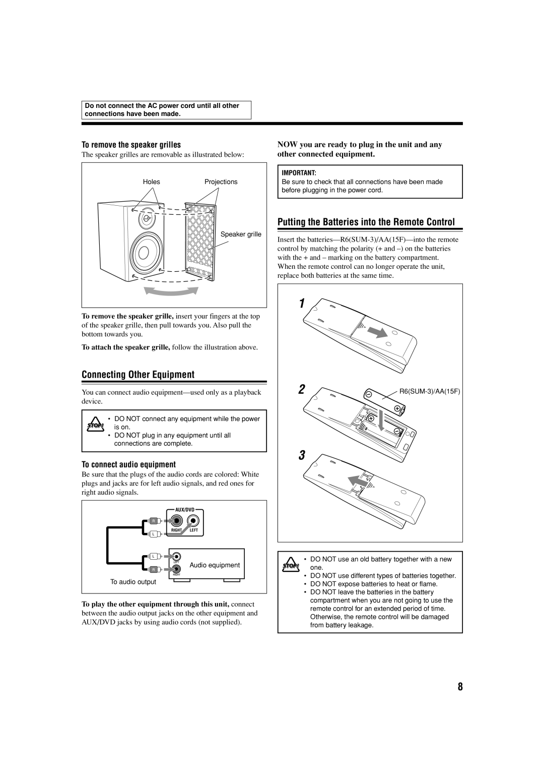 JVC UX-S57 manual Connecting Other Equipment, Putting the Batteries into the Remote Control, To remove the speaker grilles 