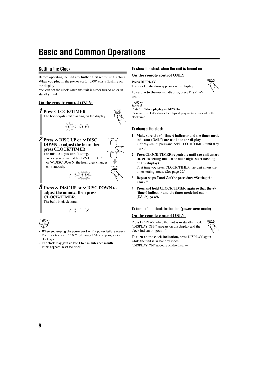 JVC UX-S57 manual Basic and Common Operations, Setting the Clock, On the remote control only 