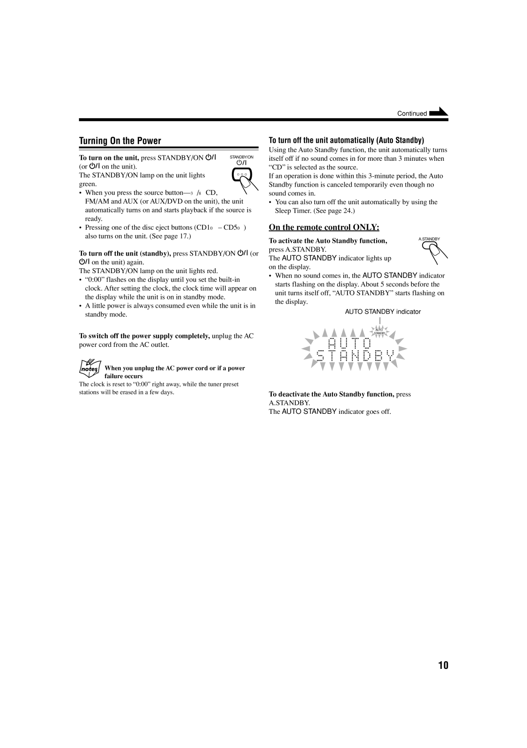 JVC UX-S57 manual Turning On the Power, To turn off the unit automatically Auto Standby 