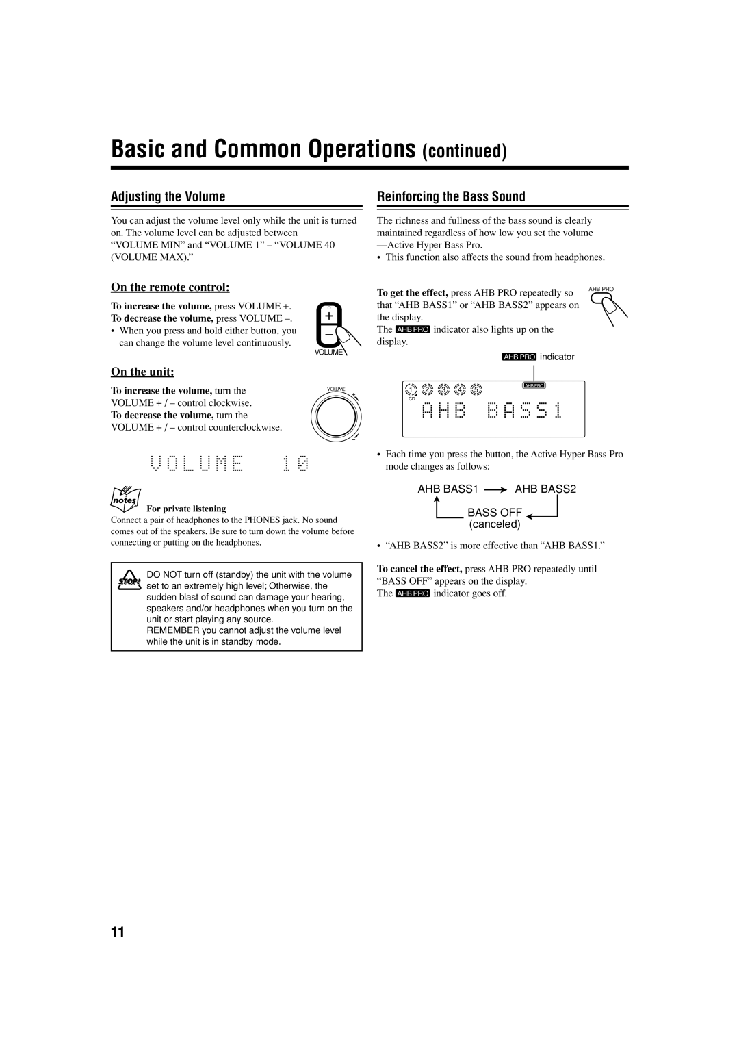 JVC UX-S57 manual Adjusting the Volume, Reinforcing the Bass Sound, On the remote control, On the unit 