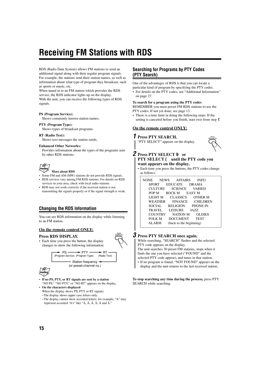 JVC UX-S57 Receiving FM Stations with RDS, Changing the RDS Information, Searching for Programs by PTY Codes PTY Search 