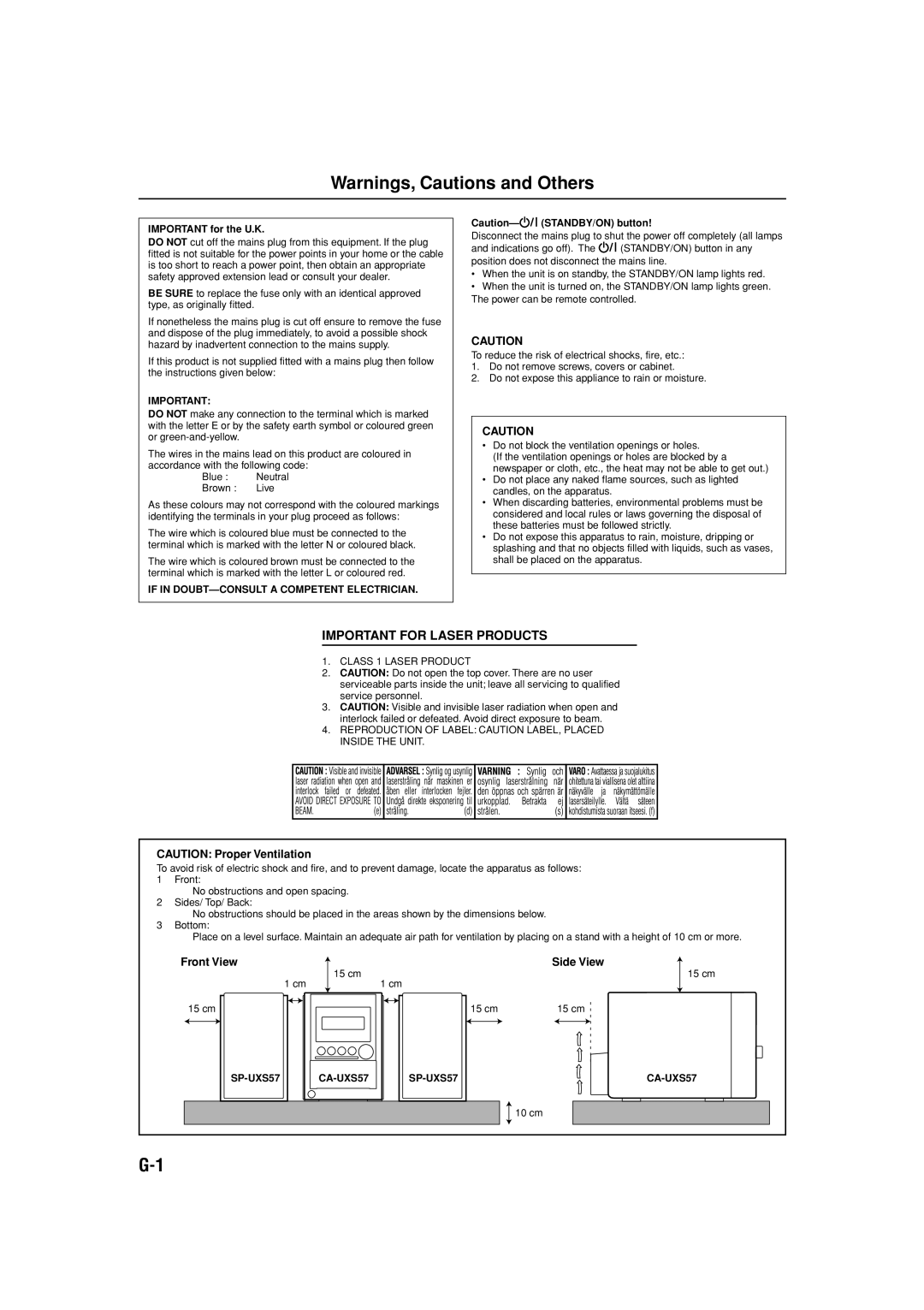 JVC UX-S57 manual Important for Laser Products 