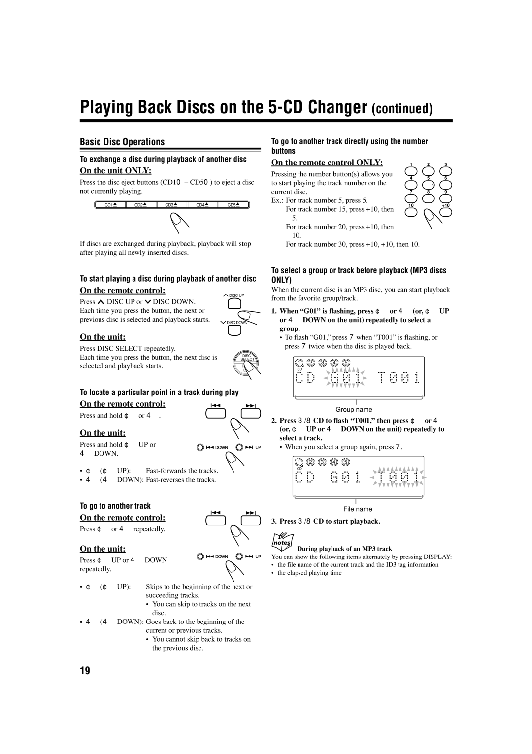 JVC UX-S57 manual Basic Disc Operations, To go to another track directly using the number buttons 