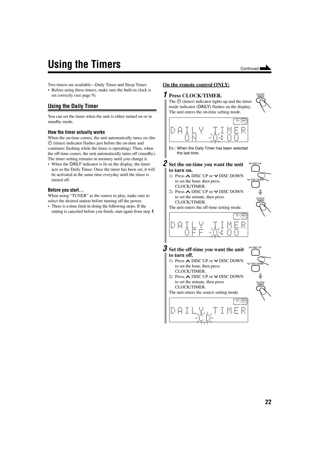 JVC UX-S57 manual Using the Timers, Using the Daily Timer 