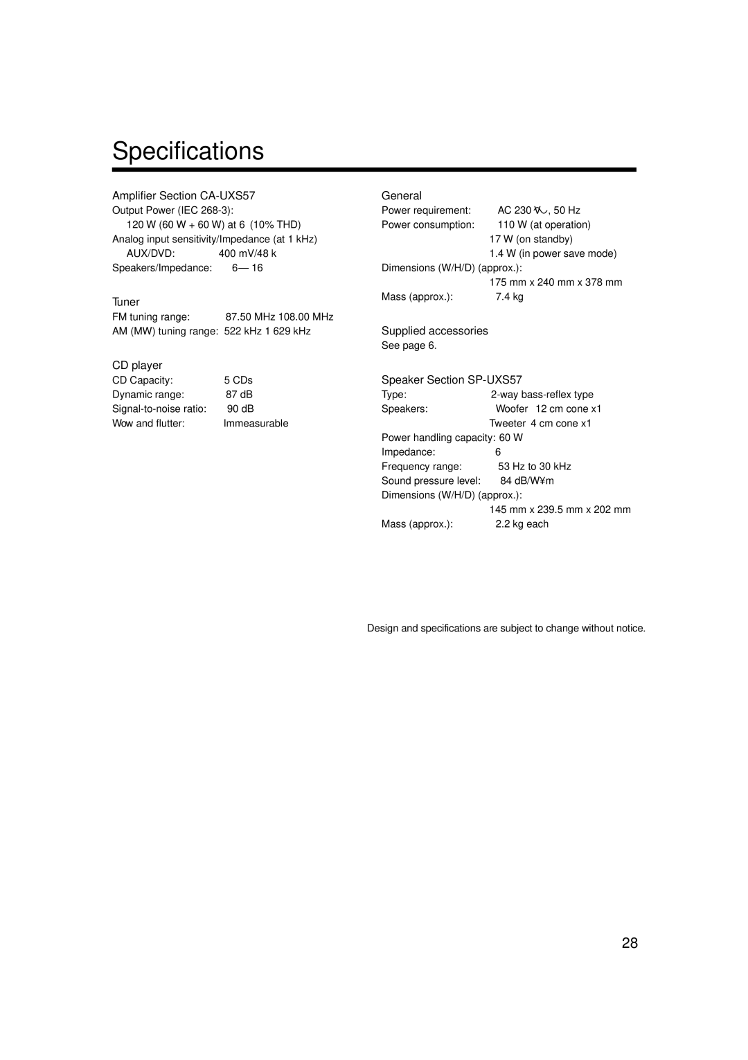 JVC UX-S57 manual Specifications 