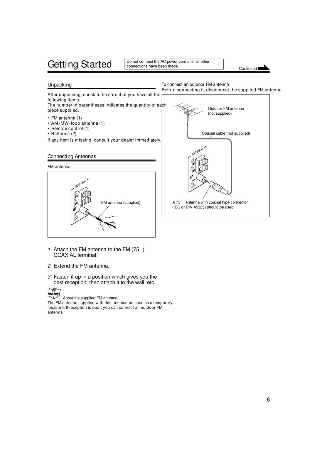 JVC UX-S57 manual Getting Started, Unpacking, Connecting Antennas, FM antenna To connect an outdoor FM antenna 