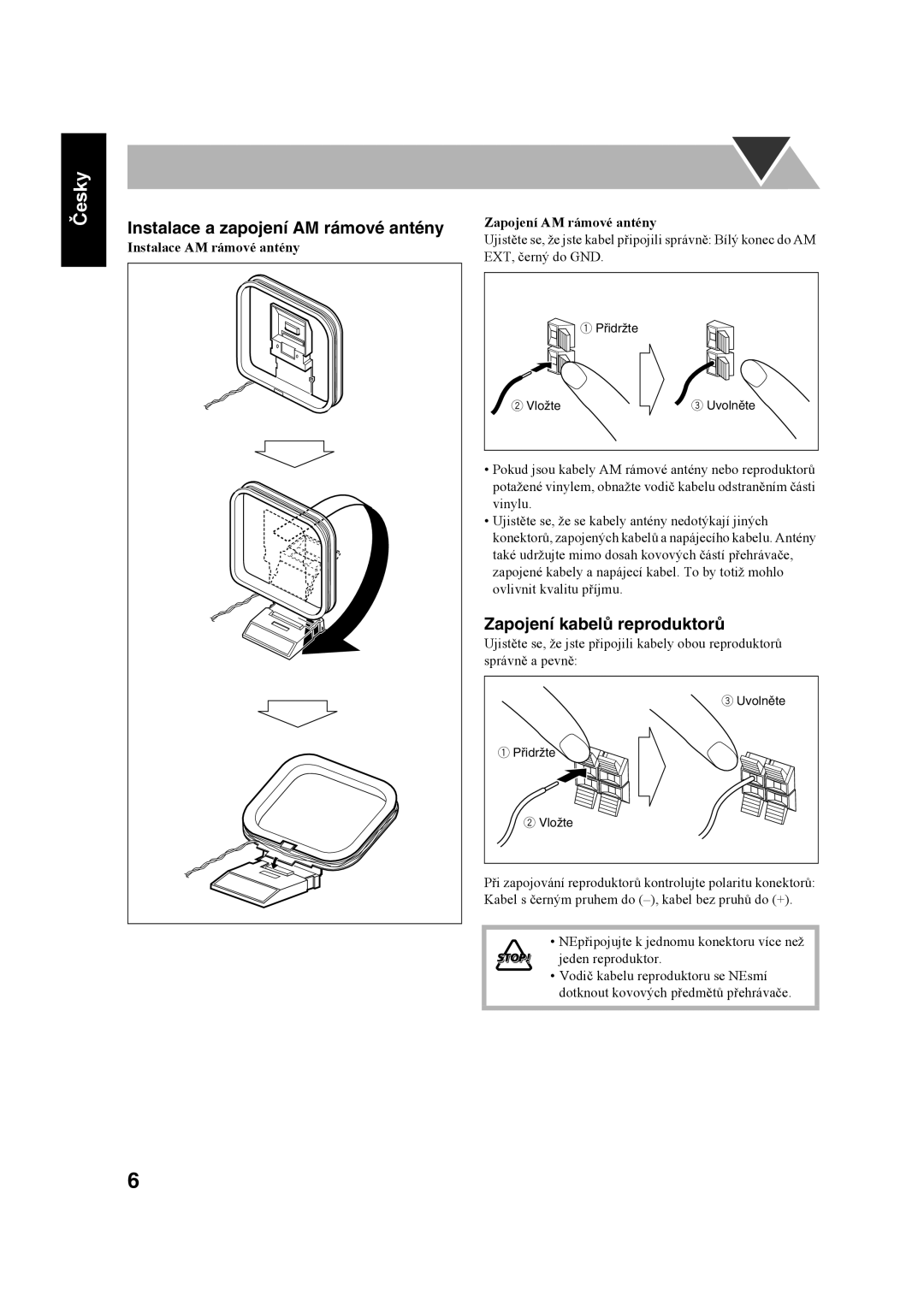 JVC UX-S59 manual Instalace a zapojení AM rámové antény, Zapojení kabelů reproduktorů 