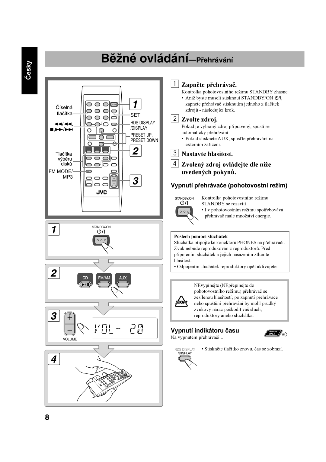 JVC UX-S59 manual FM Mode MP3, Poslech pomocí sluchátek 