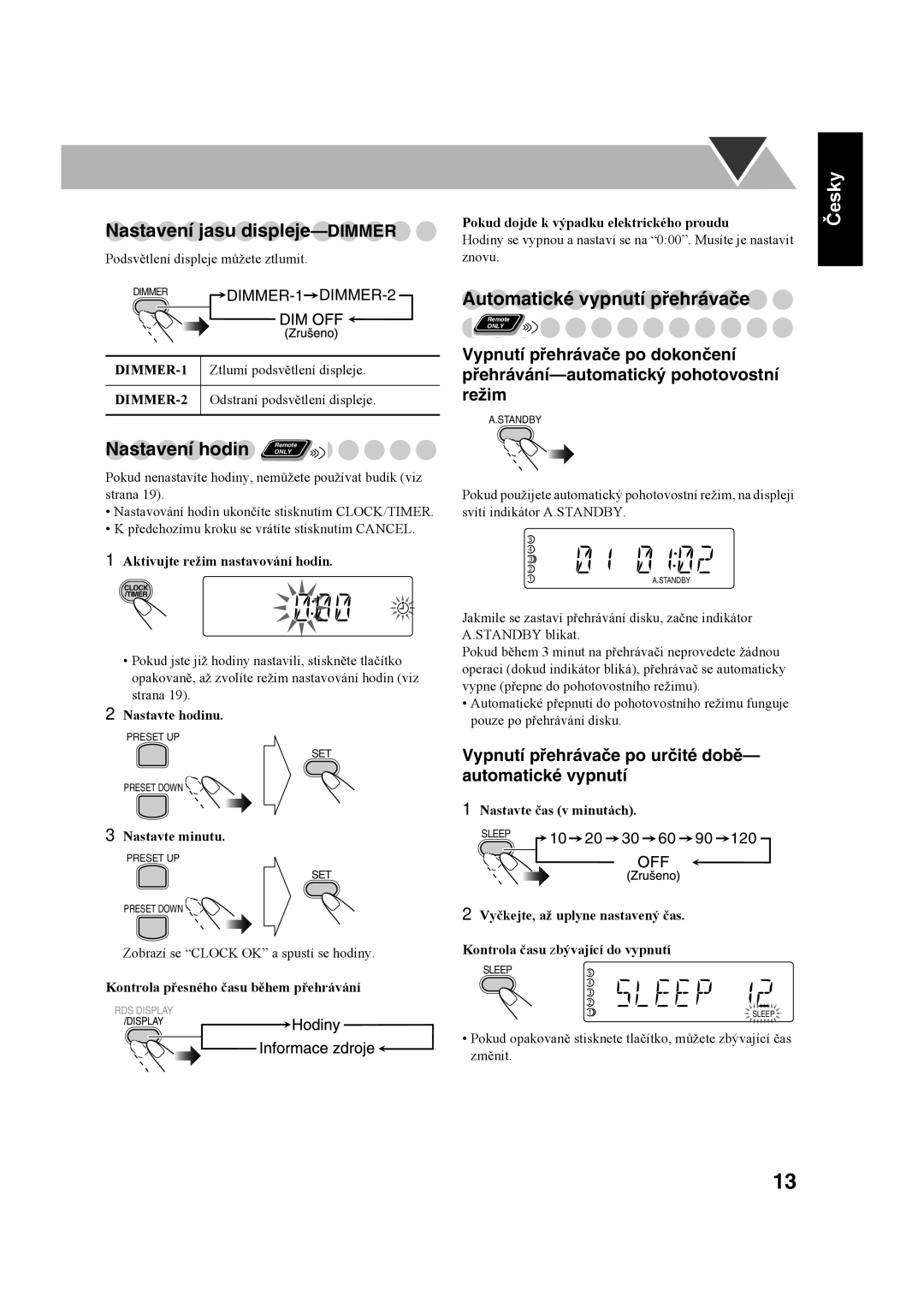 JVC UX-S59 manual Nastavení jasu displeje-DIMMER, Nastavení hodin, Automatické vypnutí přehrávače 