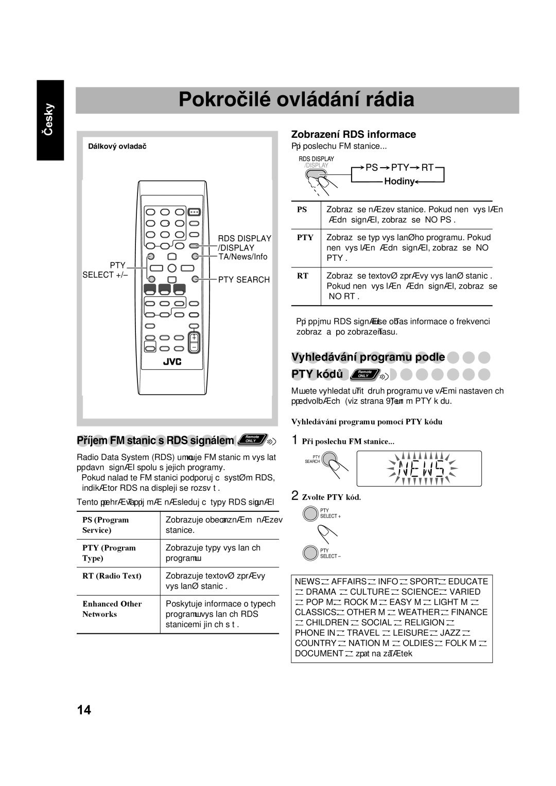 JVC UX-S59 manual Pokročilé ovládání rádia, Vyhledávání programu podle, PTY kódů, Zobrazení RDS informace 