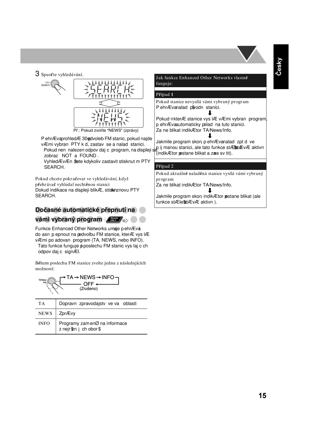 JVC UX-S59 manual Dočasné automatické přepnutí na, Vámi vybraný program, Spusťte vyhledávání 