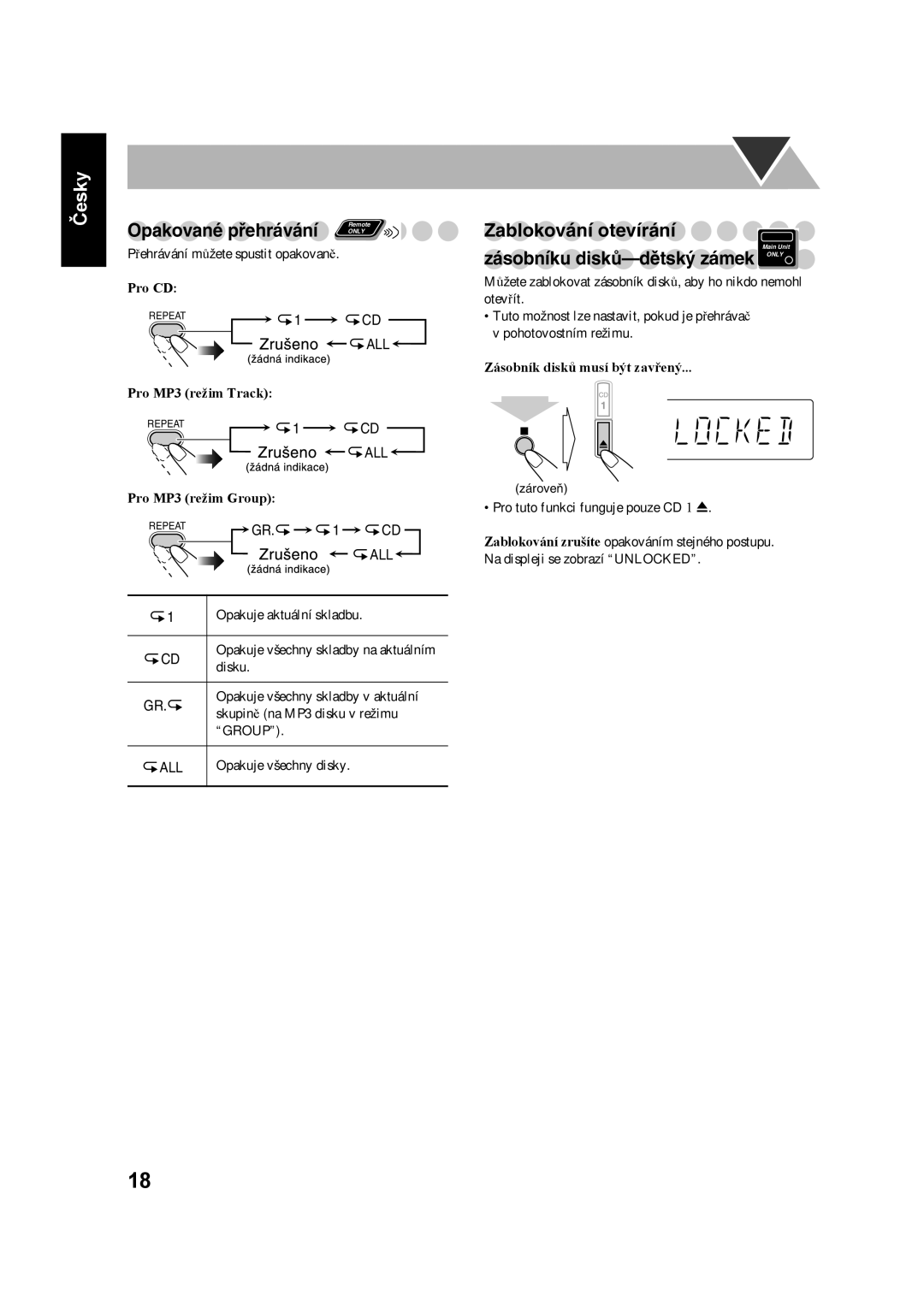 JVC UX-S59 manual Česky, Opakované přehrávání, Zablokování otevírání, Zásobníku disků-dětský zámek only 