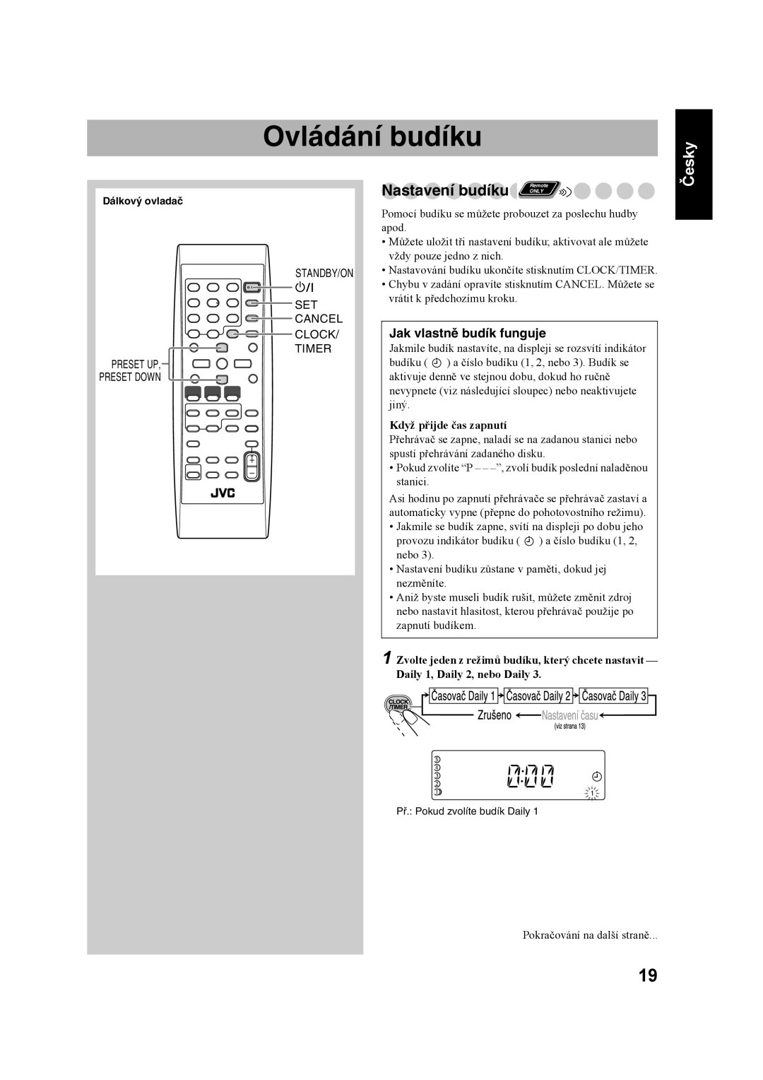 JVC UX-S59 manual Ovládání budíku, Nastavení budíku, Když přijde čas zapnutí 