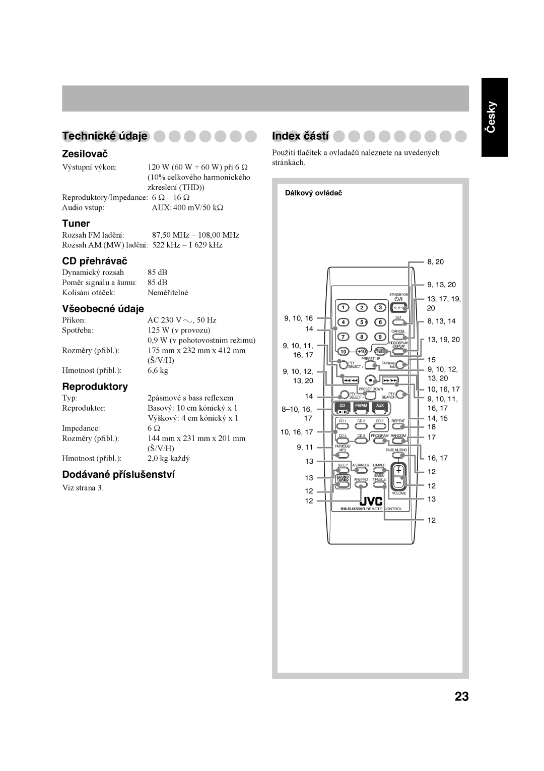 JVC UX-S59 manual Technické údaje, Index částí 