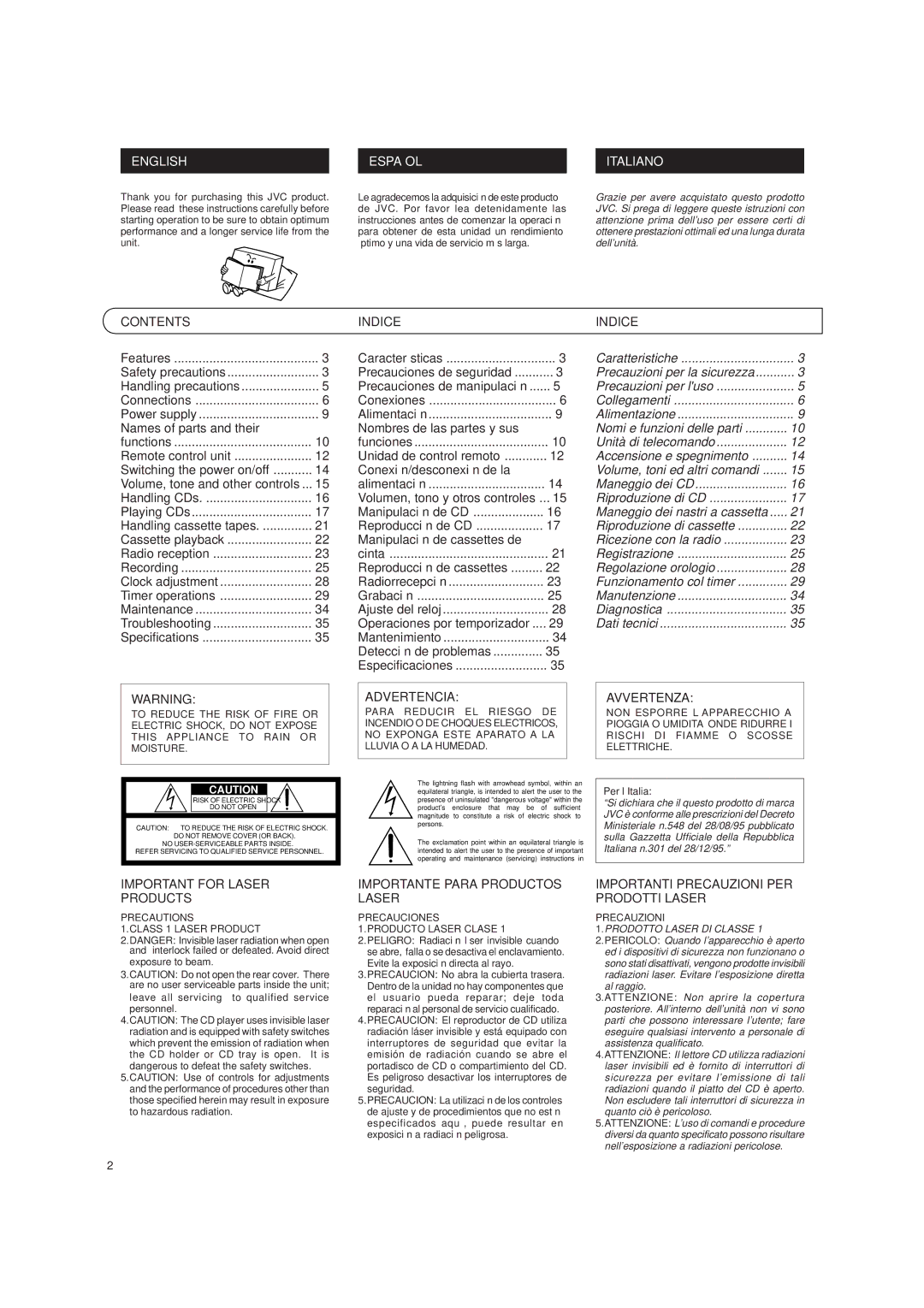 JVC UX-T151 manual Contents, Indice, Advertencia, Avvertenza, Important for Laser Products, Importante Para Productos Laser 