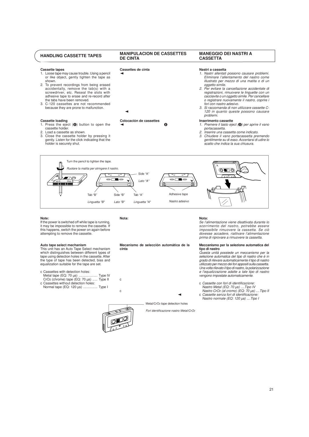 JVC UX-T150, UX-T151 manual Cassette tapes, Cassette loading, Cassettes de cinta, Colocación de cassettes, Nastri a cassetta 