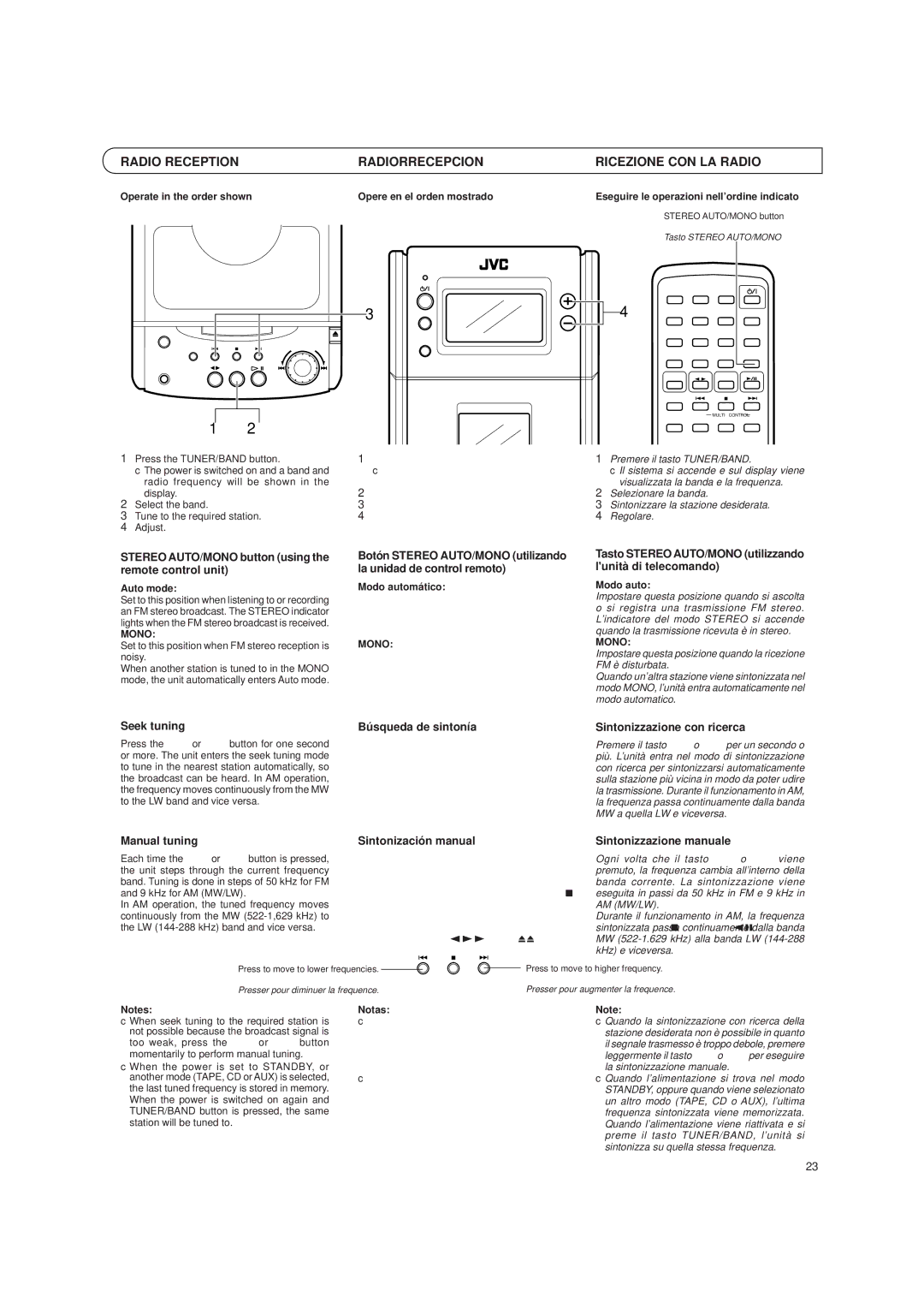 JVC UX-T150, UX-T151 manual Radio Reception Radiorrecepcion Ricezione CON LA Radio 