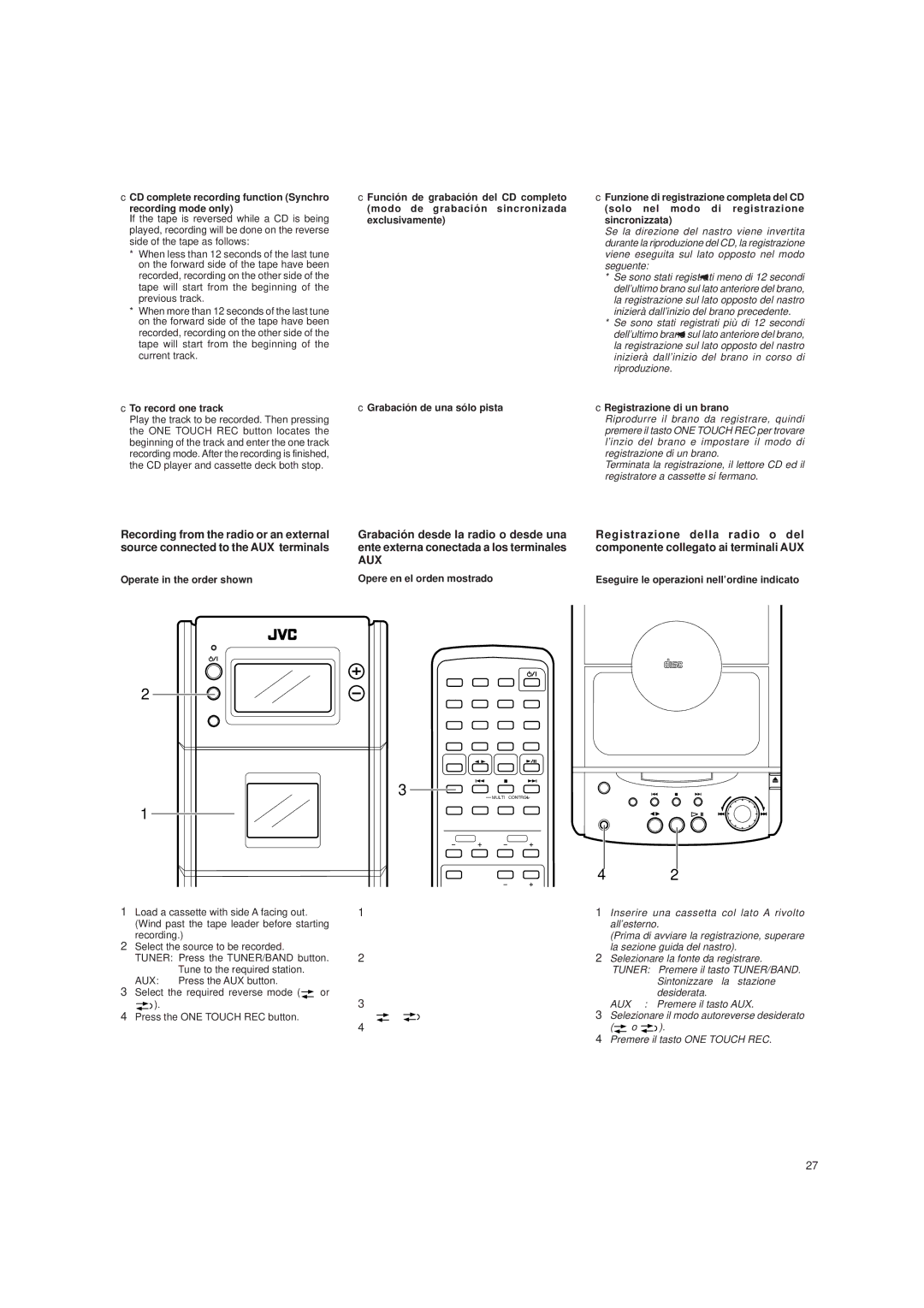 JVC UX-T150 CD complete recording function Synchro Recording mode only, To record one track, Grabación de una sólo pista 