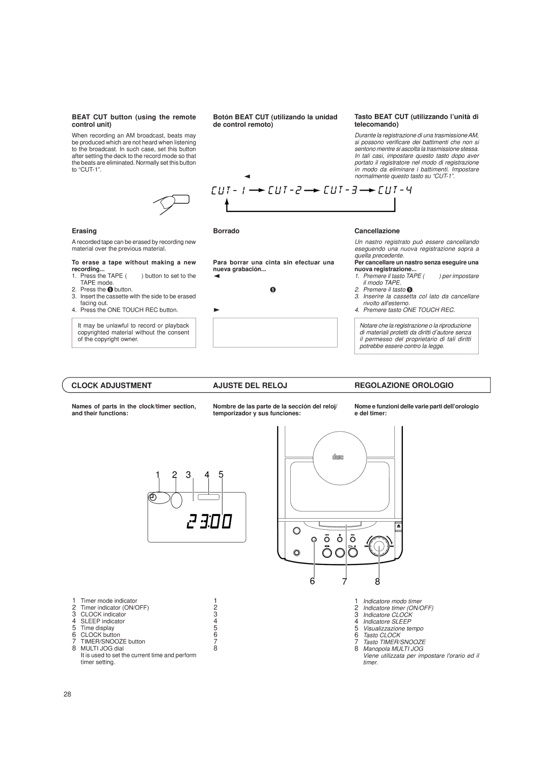 JVC UX-T151, UX-T150 manual Clock Adjustment Ajuste DEL Reloj Regolazione Orologio 