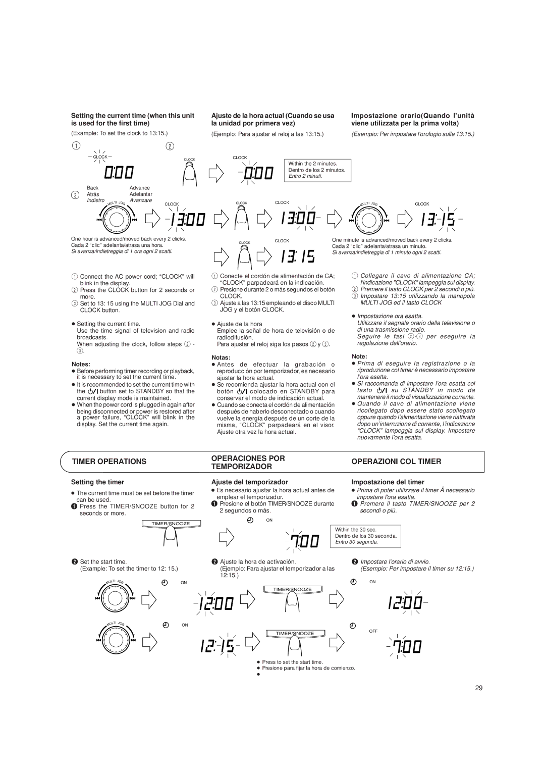 JVC UX-T150, UX-T151 manual Timer Operations, Operaciones POR Temporizador, Operazioni COL Timer 