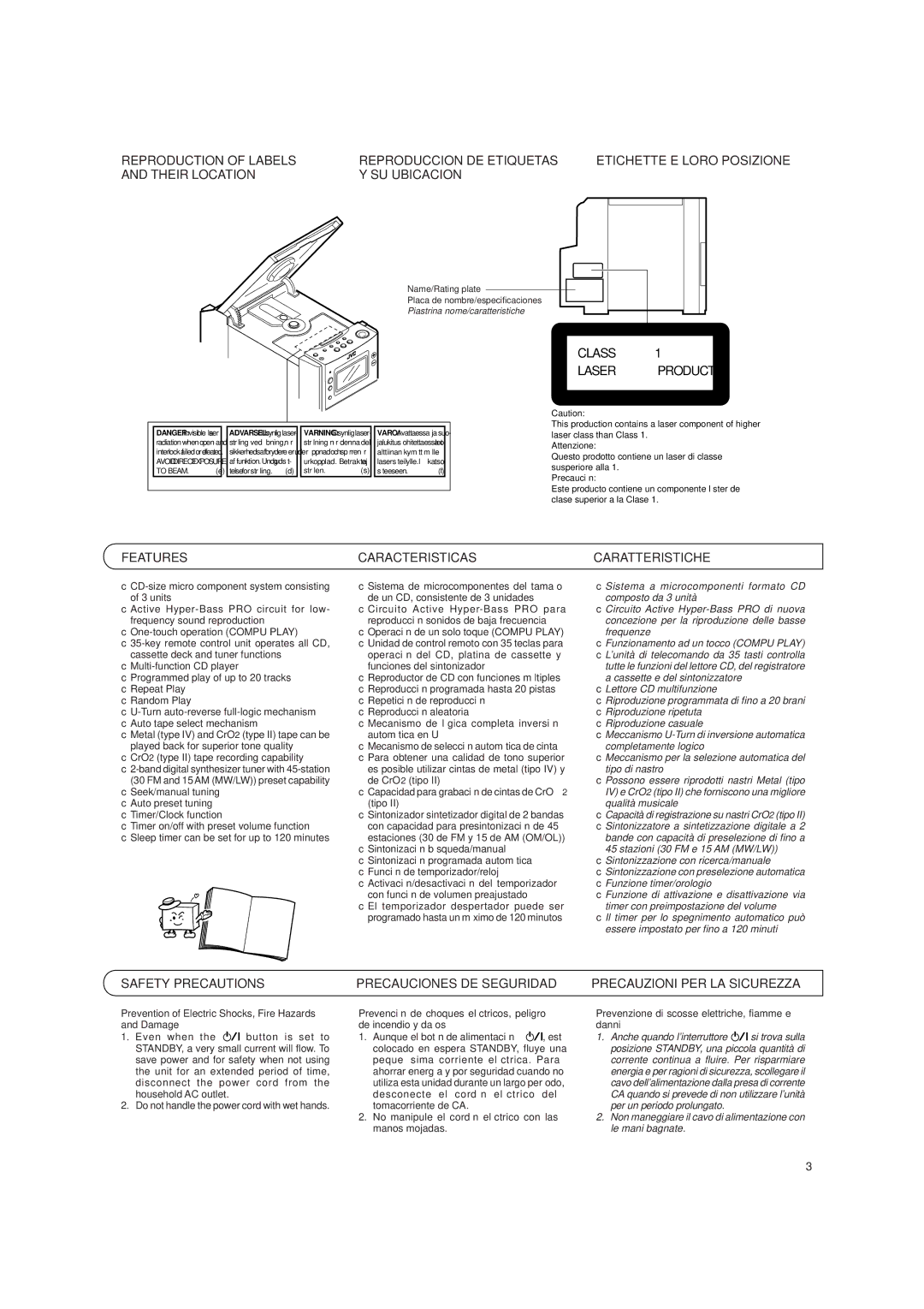 JVC UX-T150, UX-T151 manual Features Caracteristicas Caratteristiche, Safety Precautions, Precauciones DE Seguridad 