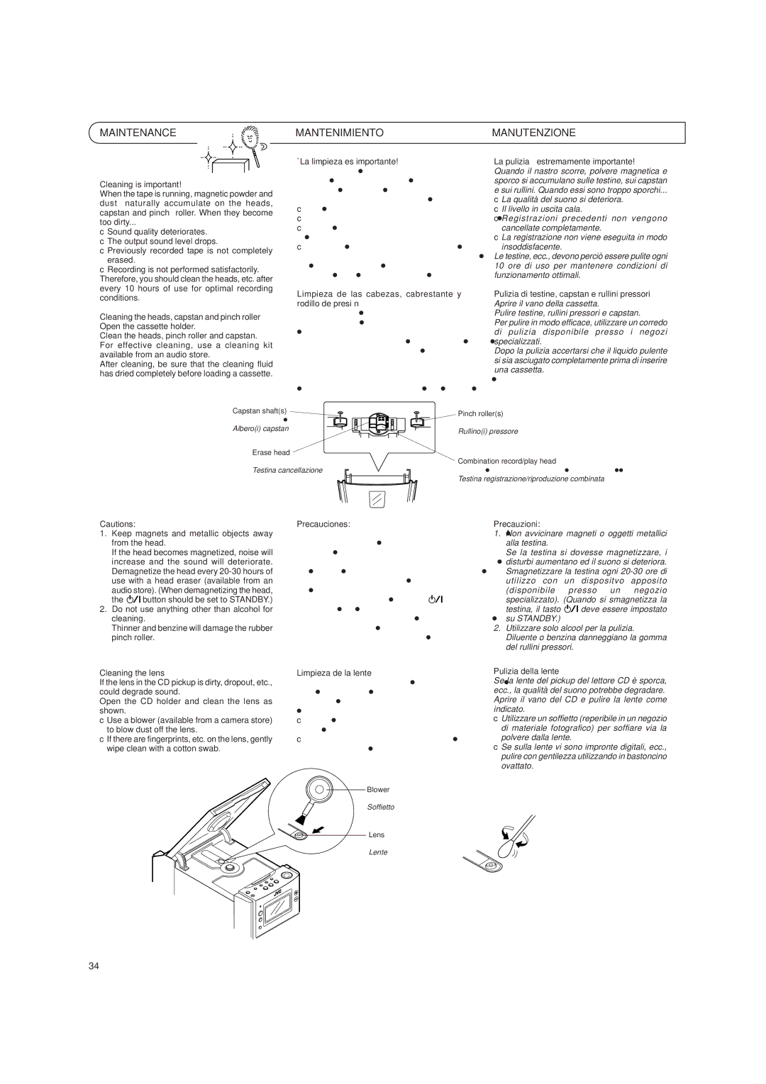 JVC UX-T151, UX-T150 manual Maintenance, Mantenimiento, Manutenzione 