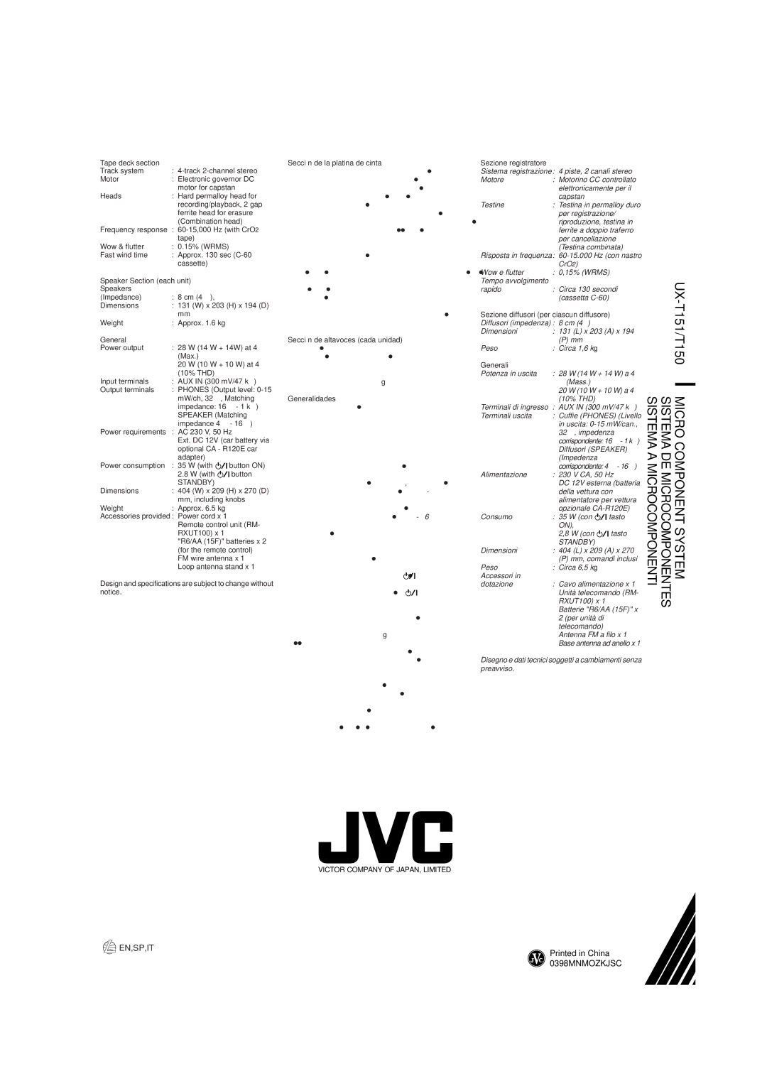 JVC UX-T151, UX-T150 manual Potenza in uscita 28 W 14 W + 14 W a Mass, Diffusori Speaker, Impedenza 