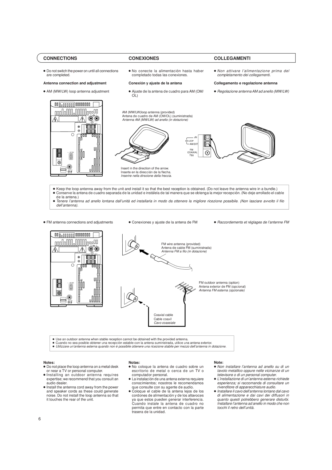 JVC UX-T151 Connections Conexiones Collegamenti, AM MW/LW loop antenna adjustment, Regolazione antenna AM ad anello MW/LW 