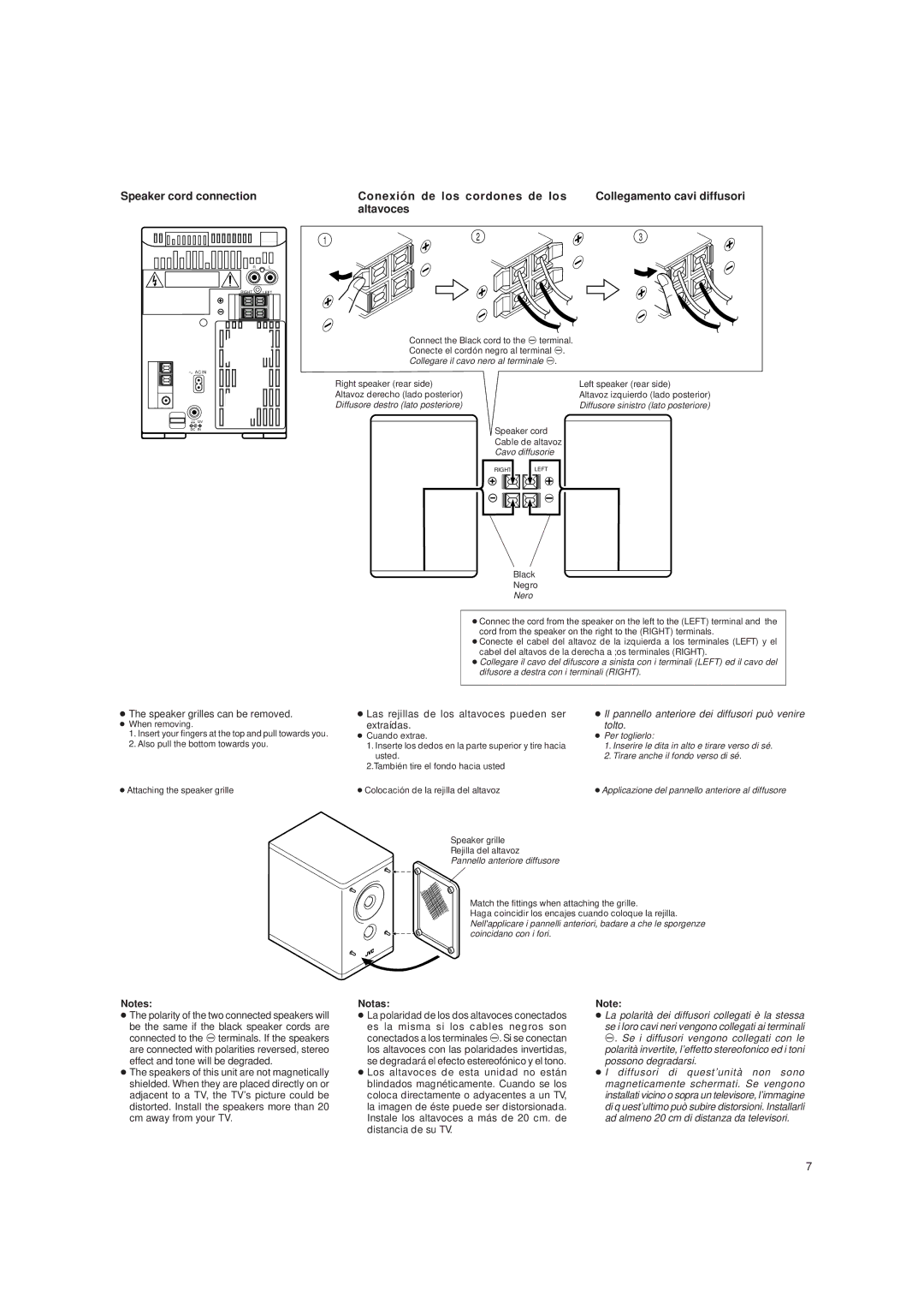 JVC UX-T150 Speaker cord connection, Speaker grilles can be removed, Las rejillas de los altavoces pueden ser, Extraídas 