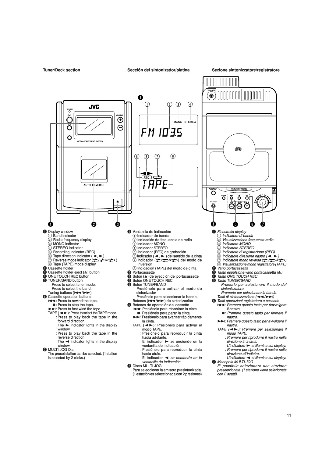 JVC UX-T150, UX-T151 manual Tuner/Deck section, Sección del sintonizador/platina, Sezione sintonizzatore/registratore 