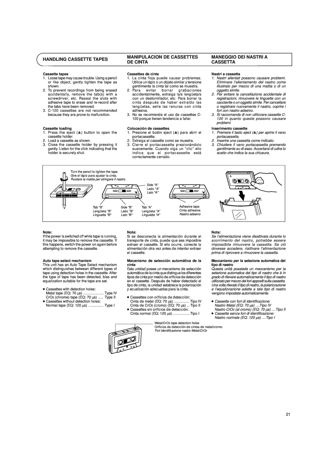 JVC UX-T150, UX-T151 manual Handling Cassette Tapes, Manipulacion De Cassettes, Maneggio Dei Nastri A, De Cinta, Cassetta 