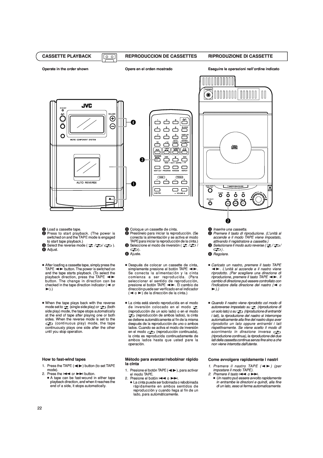 JVC UX-T151, UX-T150 manual Cassette Playback, Reproduccion De Cassettes, Riproduzione Di Cassette, How to fast-windtapes 