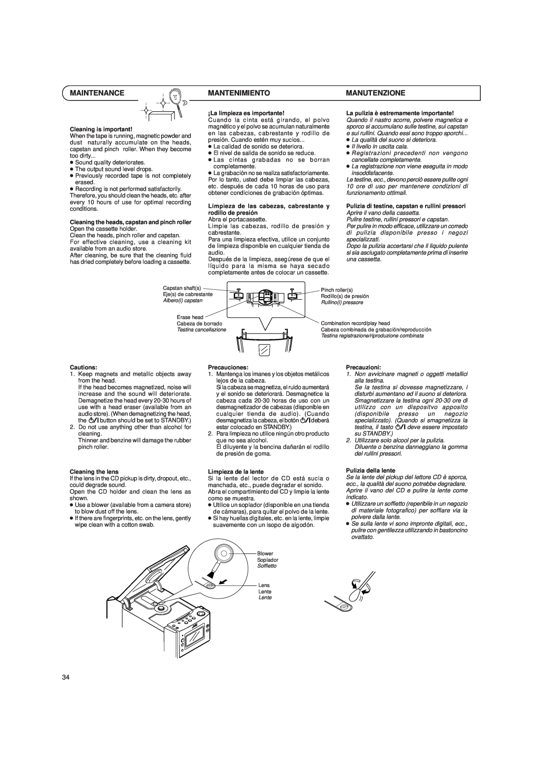 JVC UX-T151, UX-T150 manual Maintenance, Mantenimiento, Manutenzione 