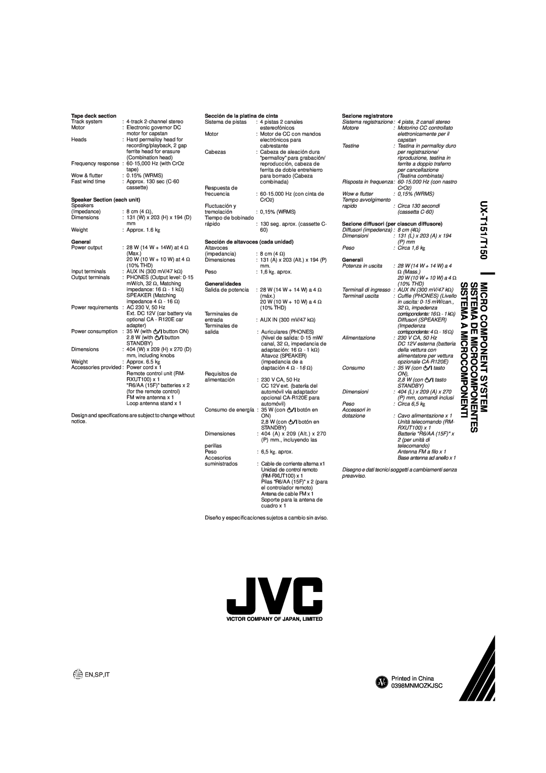 JVC UX-T151 Tape deck section, Speaker Section each unit, General, Sistema registrazione, piste, 2 canali stereo, Motore 