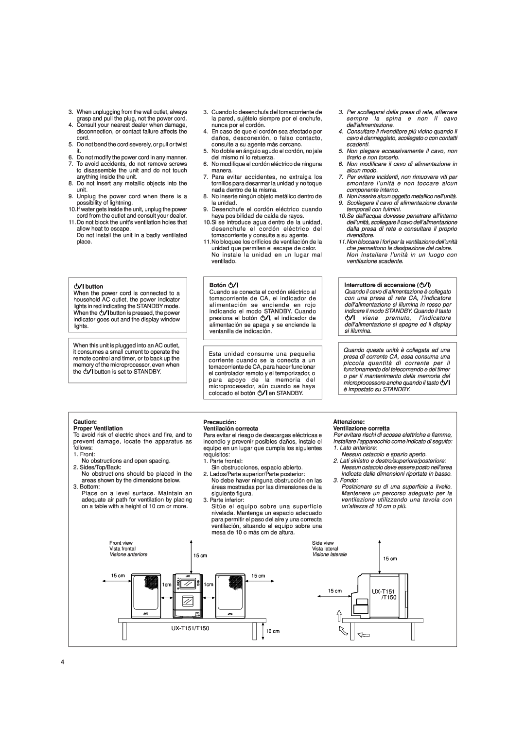 JVC UX-T151, UX-T150 button, Botón, Proper Ventilation, Precaución Ventilación correcta, Attenzione Ventilazione corretta 