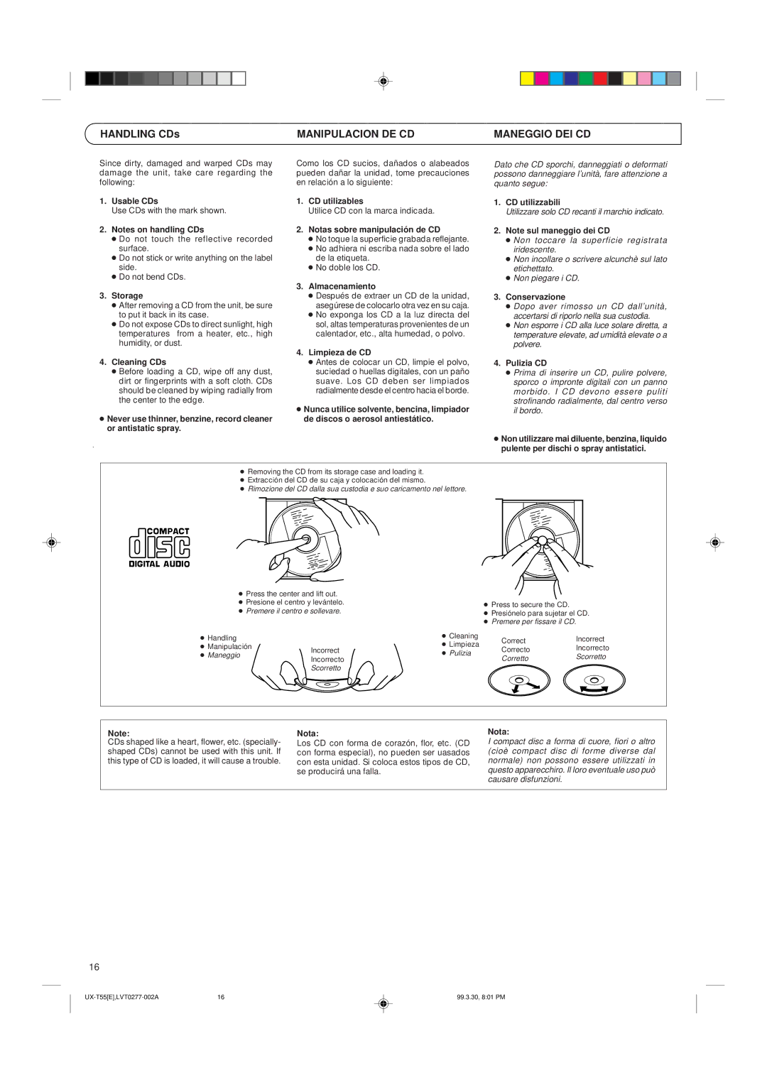 JVC UX-T55 manual Manipulacion DE CD, Maneggio DEI CD 