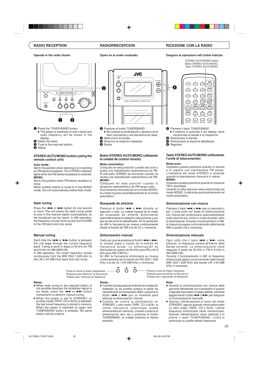 JVC UX-T55 manual Radio Reception Radiorrecepcion Ricezione CON LA Radio 