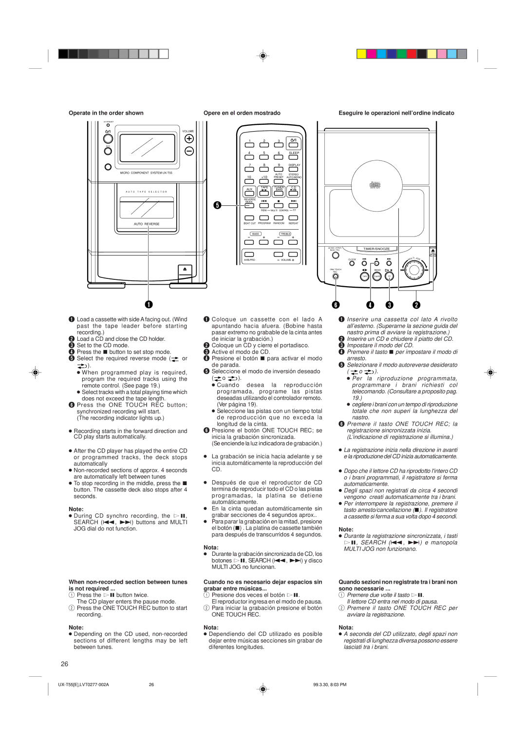 JVC UX-T55 manual Eseguire le operazioni nell’ordine indicato, When non-recorded section between tunes Is not required 