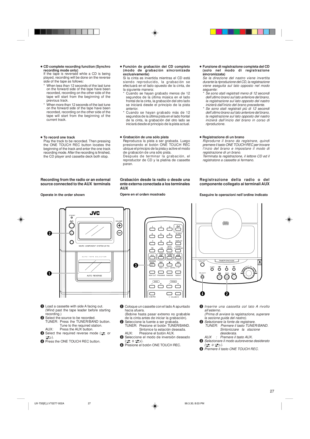 JVC UX-T55 CD complete recording function Synchro Recording mode only, To record one track, Grabación de una sólo pista 