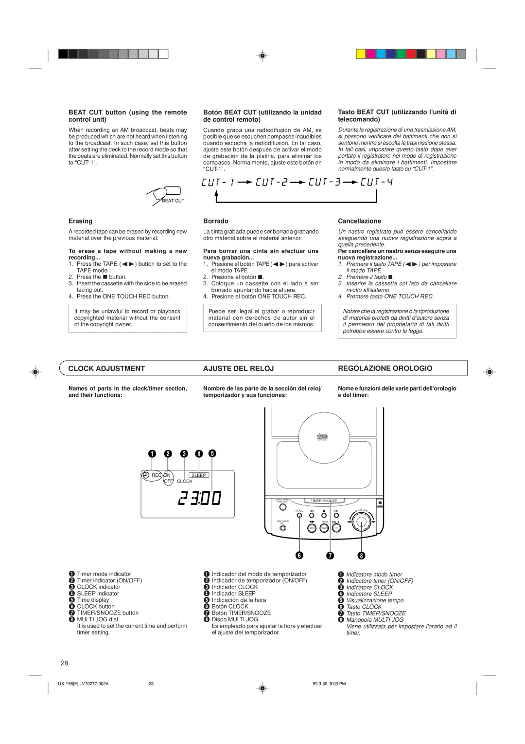 JVC UX-T55 manual Clock Adjustment Ajuste DEL Reloj Regolazione Orologio 