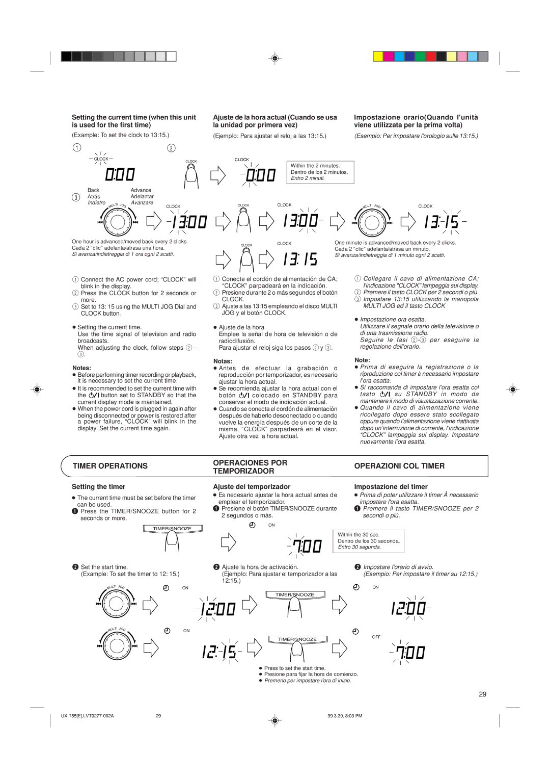 JVC UX-T55 manual Timer Operations, Operaciones POR Temporizador, Operazioni COL Timer 