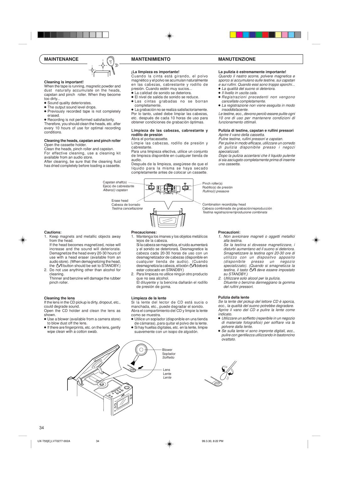 JVC UX-T55 manual Maintenance, Mantenimiento, Manutenzione 