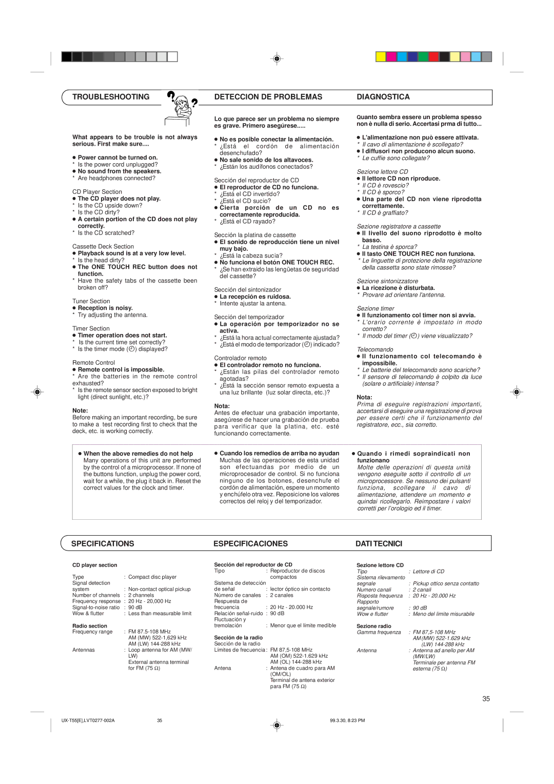 JVC UX-T55 manual Troubleshooting, Deteccion DE Problemas, Diagnostica, Specifications Especificaciones, Dati Tecnici 