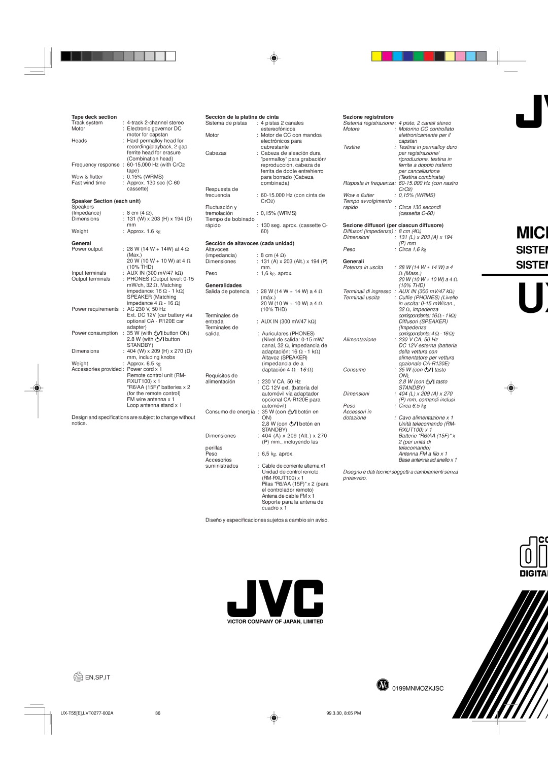 JVC UX-T55 manual Potenza in uscita 28 W 14 W + 14 W a Mass, Diffusori Speaker, Impedenza 