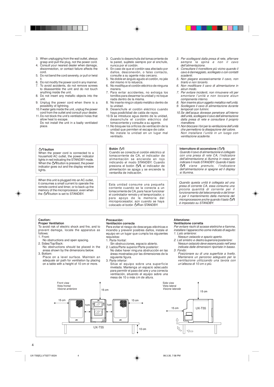 JVC UX-T55 manual Button, Botón, Proper Ventilation, Precaución Ventilación correcta, Attenzione Ventilazione corretta 